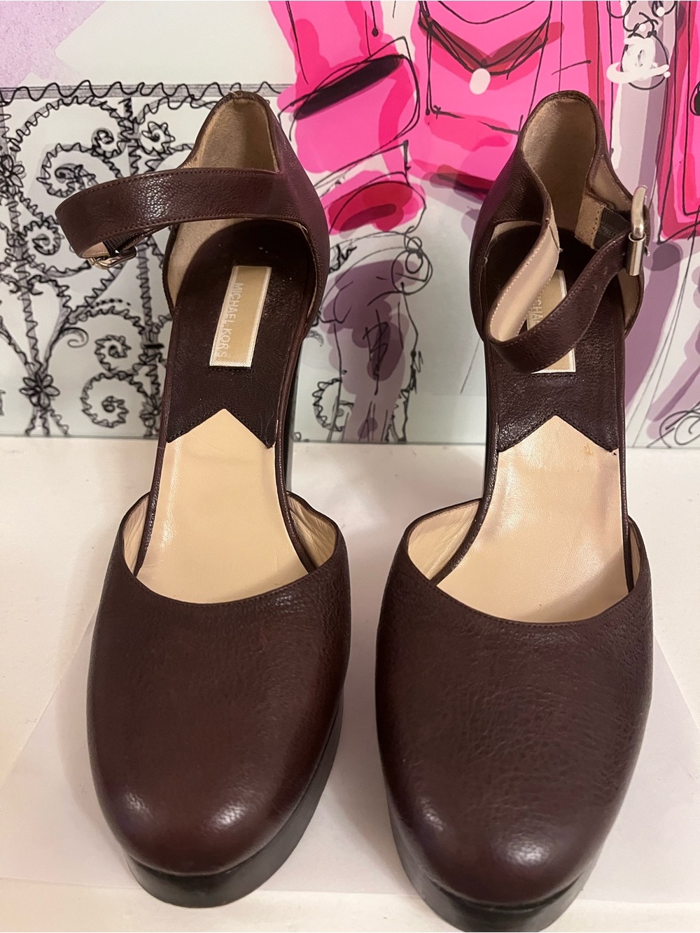 Michael Kors Chocolate Brown Leather Mary Jane Platform Heels Made in Italy 9.5M
